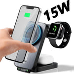 HT-545 Foldable Magnetic Wireless Charger with Night Light 3 in 1 15W Fast Charging Station for Phone / Earbuds / Watch