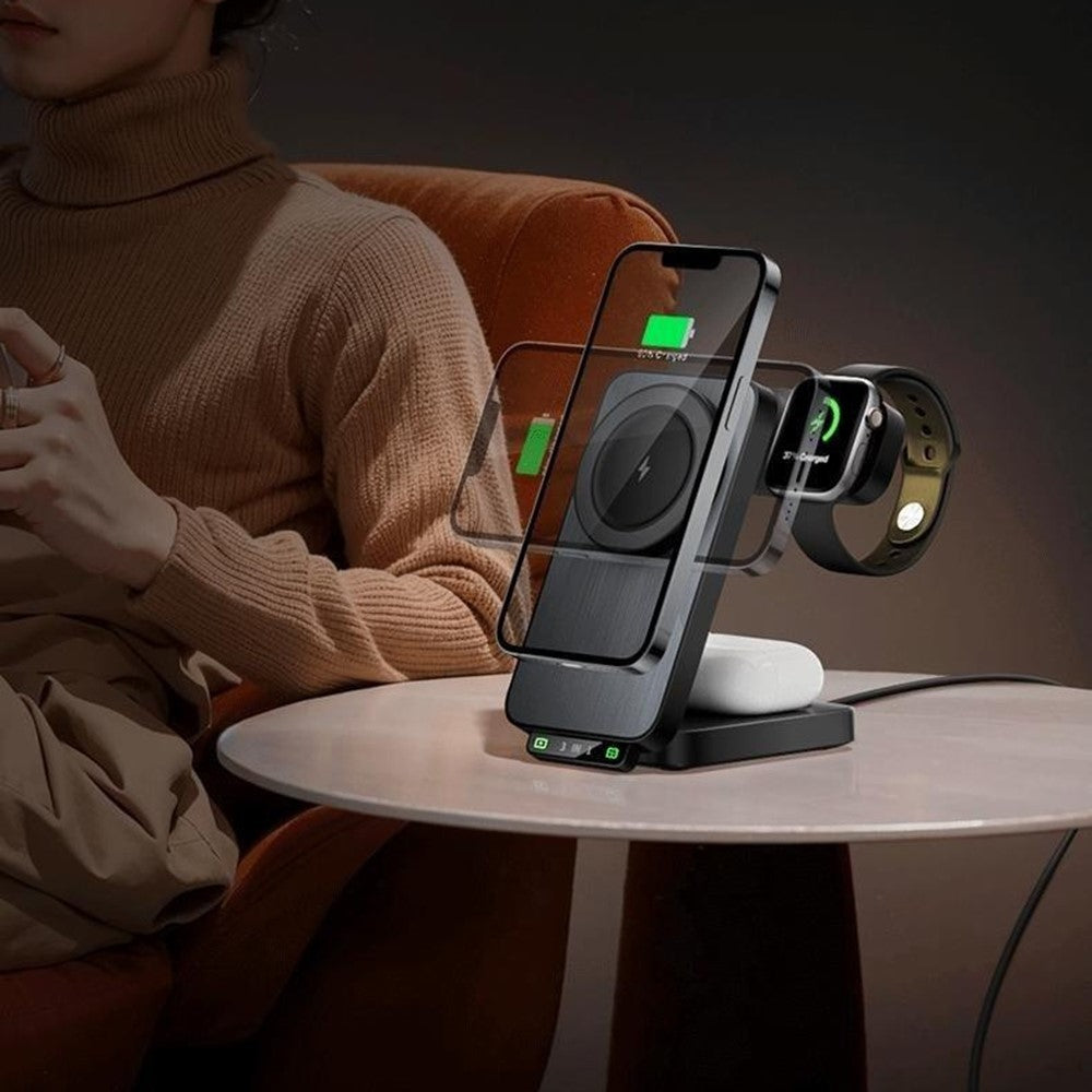 HT-545 Foldable Magnetic Wireless Charger with Night Light 3 in 1 15W Fast Charging Station for Phone / Earbuds / Watch