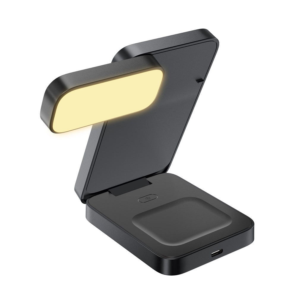 HT-545 Foldable Magnetic Wireless Charger with Night Light 3 in 1 15W Fast Charging Station for Phone / Earbuds / Watch