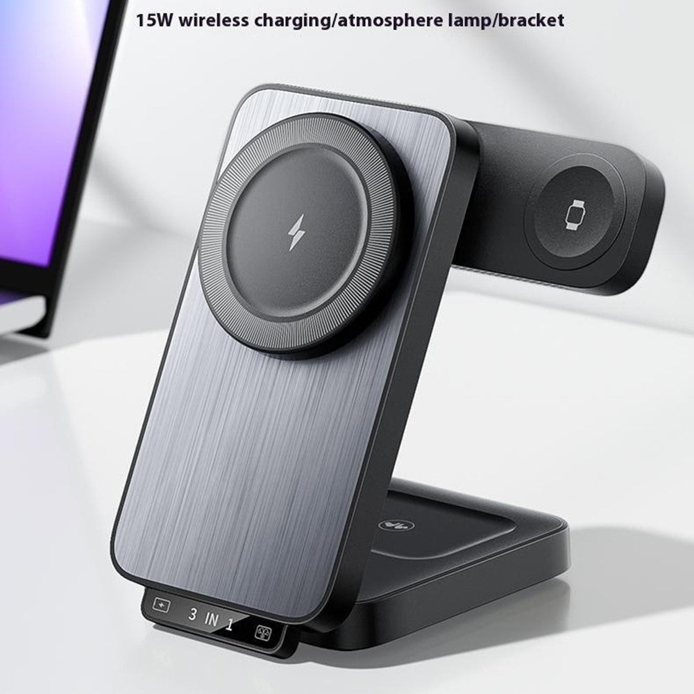 HT-545 Foldable Magnetic Wireless Charger with Night Light 3 in 1 15W Fast Charging Station for Phone / Earbuds / Watch