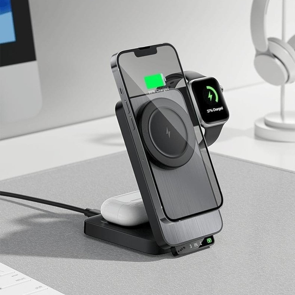 HT-545 Foldable Magnetic Wireless Charger with Night Light 3 in 1 15W Fast Charging Station for Phone / Earbuds / Watch