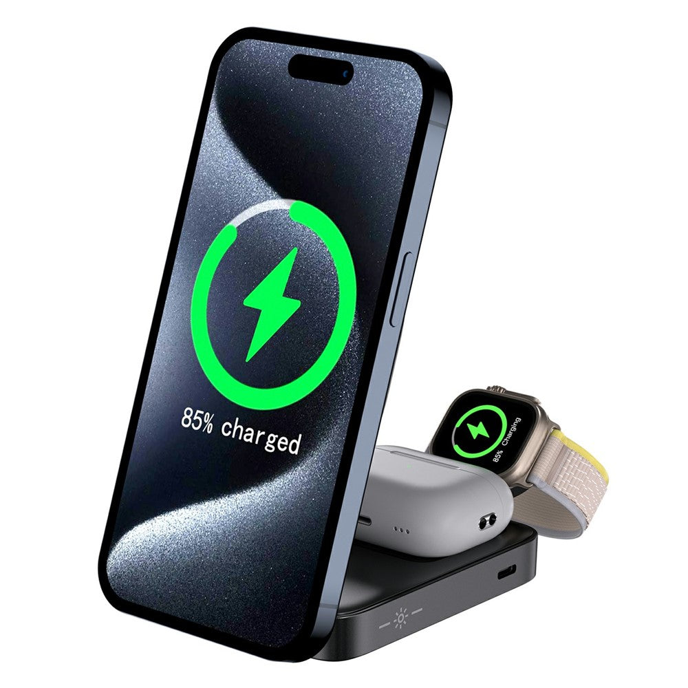 C40 Qi2 Magnetisk Trådløs Oplader til iPhone / Apple Watch / AirPods 3-i-1 Foldbar 15W Hurtig Opladningsstation med LED Varmt Lys