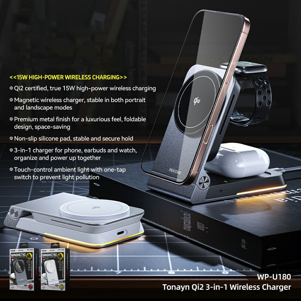 WEKOME WP-U180 Tonayn Qi2 3 in 1 Foldable Wireless Charger 15W Fast Charging for Phone Smartwatch Earbuds