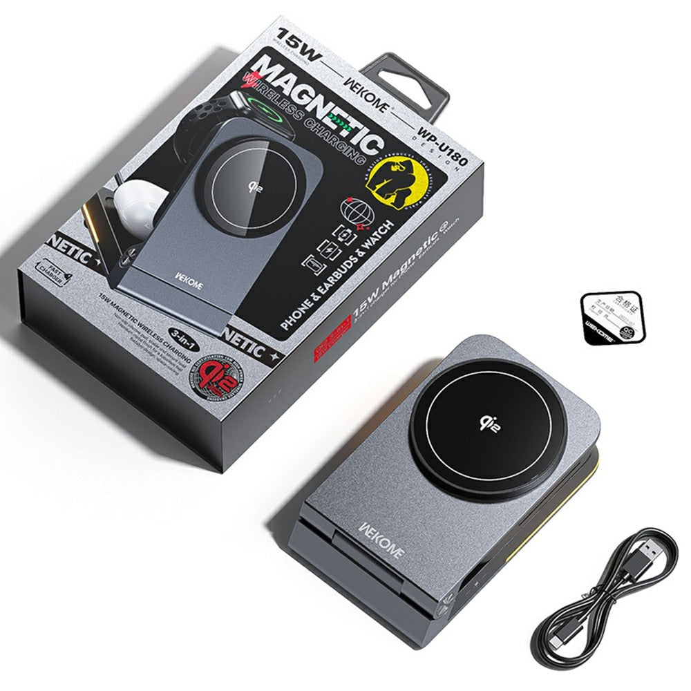WEKOME WP-U180 Tonayn Qi2 3-i-1 Foldbar Trådløs Oplader 15W Hurtigopladning til Telefon Smartwatch Øretelefoner