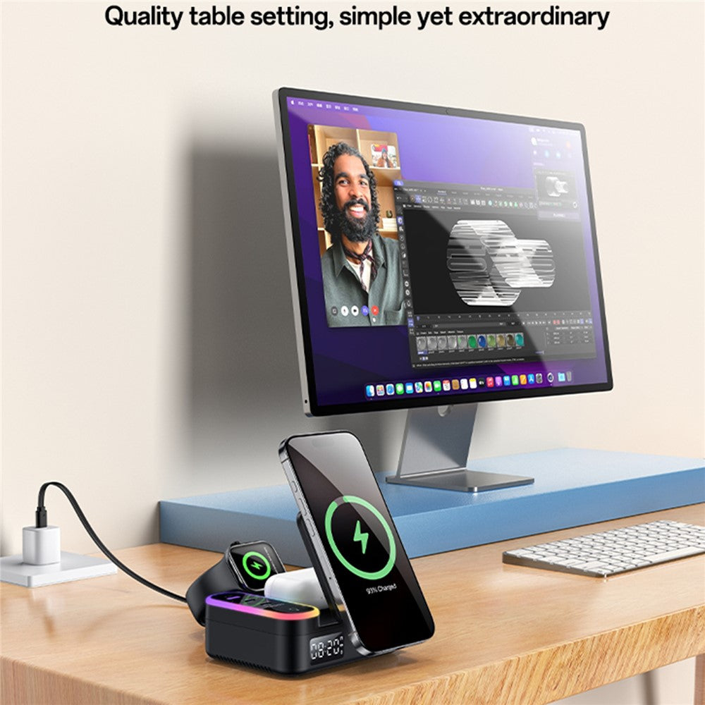 YESIDO DS38 65W Magnetic Wireless Charging Station for Phone / Watch / Earbuds Digital Clock with Retractable Type C Cable