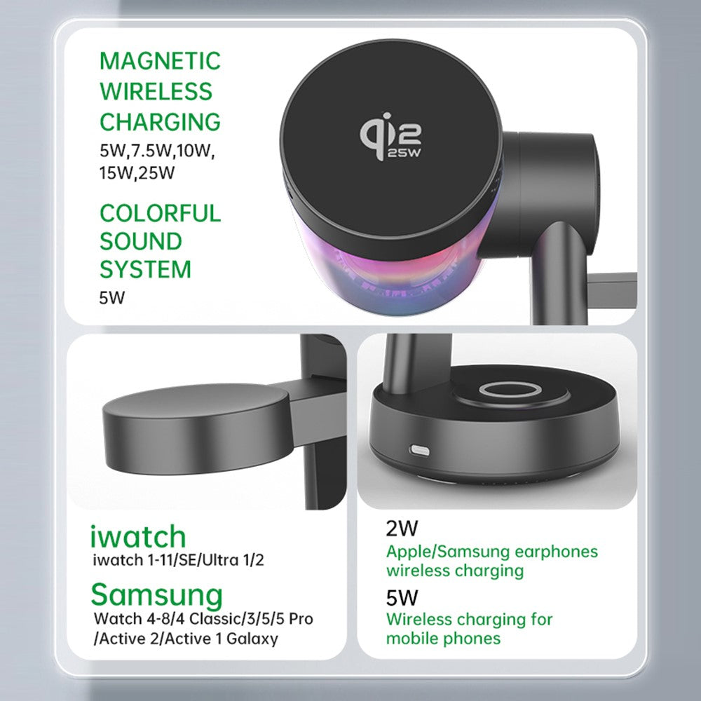 QI2.2 25W Magnetic Wireless Charger with Speaker Function for Phones / Earbuds / Watches Charging Station