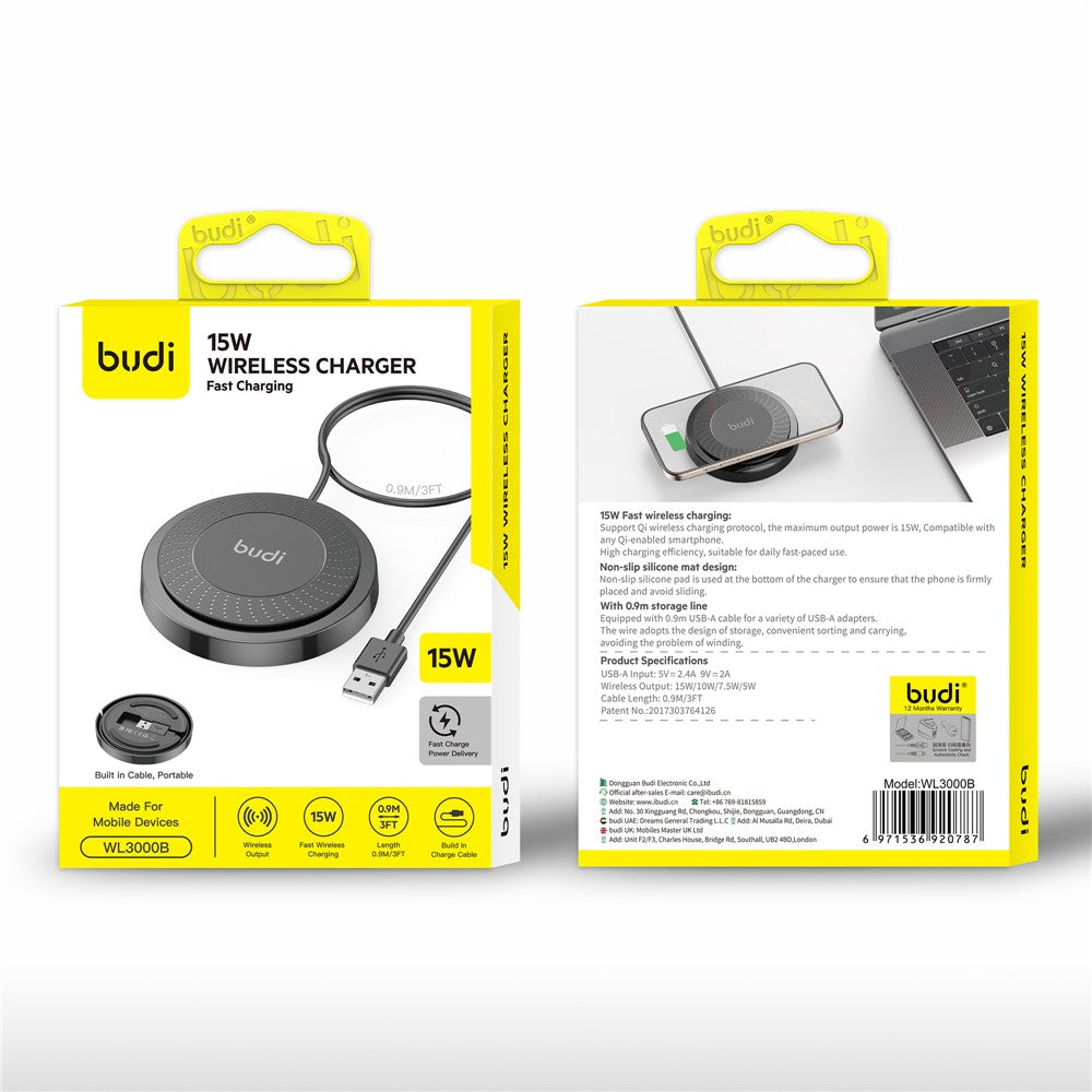 BUDI WL3000B Trådløs Oplader 15W Hurtig Opladning Bærbar Telefon Opladerplade