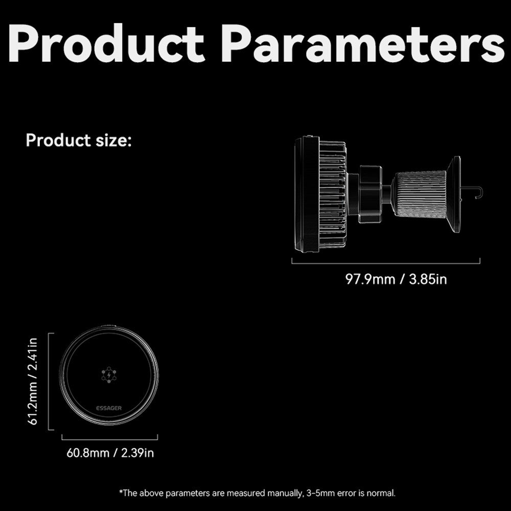 ESSAGER 15W Billuftventil Magnetisk Trådlös Laddare 360° Rotation Magnetisk Laddnings Powerbank TEC Cooling