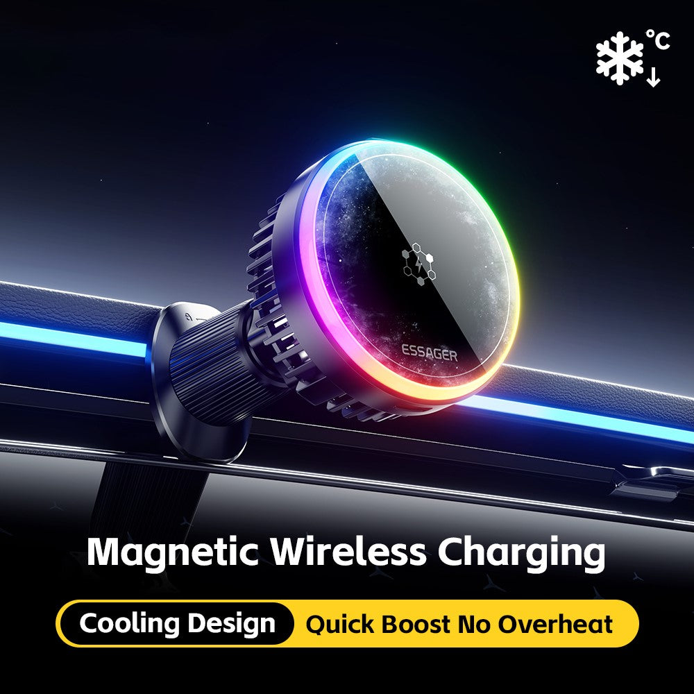 ESSAGER 15W Billuftventil Magnetisk Trådlös Laddare 360° Rotation Magnetisk Laddnings Powerbank TEC Cooling