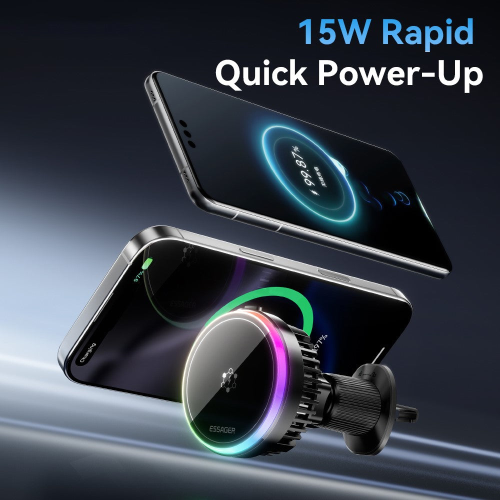 ESSAGER 15W Billuftventil Magnetisk Trådlös Laddare 360° Rotation Magnetisk Laddnings Powerbank TEC Cooling