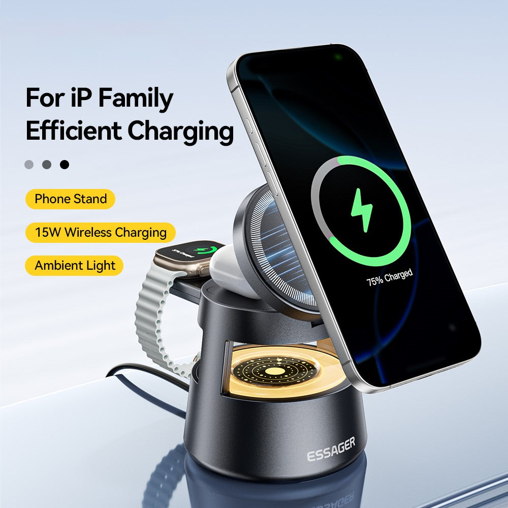 ESSAGER 4-i-1 15W Magnetisk Skrivebords Trådløs Oplader til Telefon Hurtig Opladning Stand med Magnetisk Plade