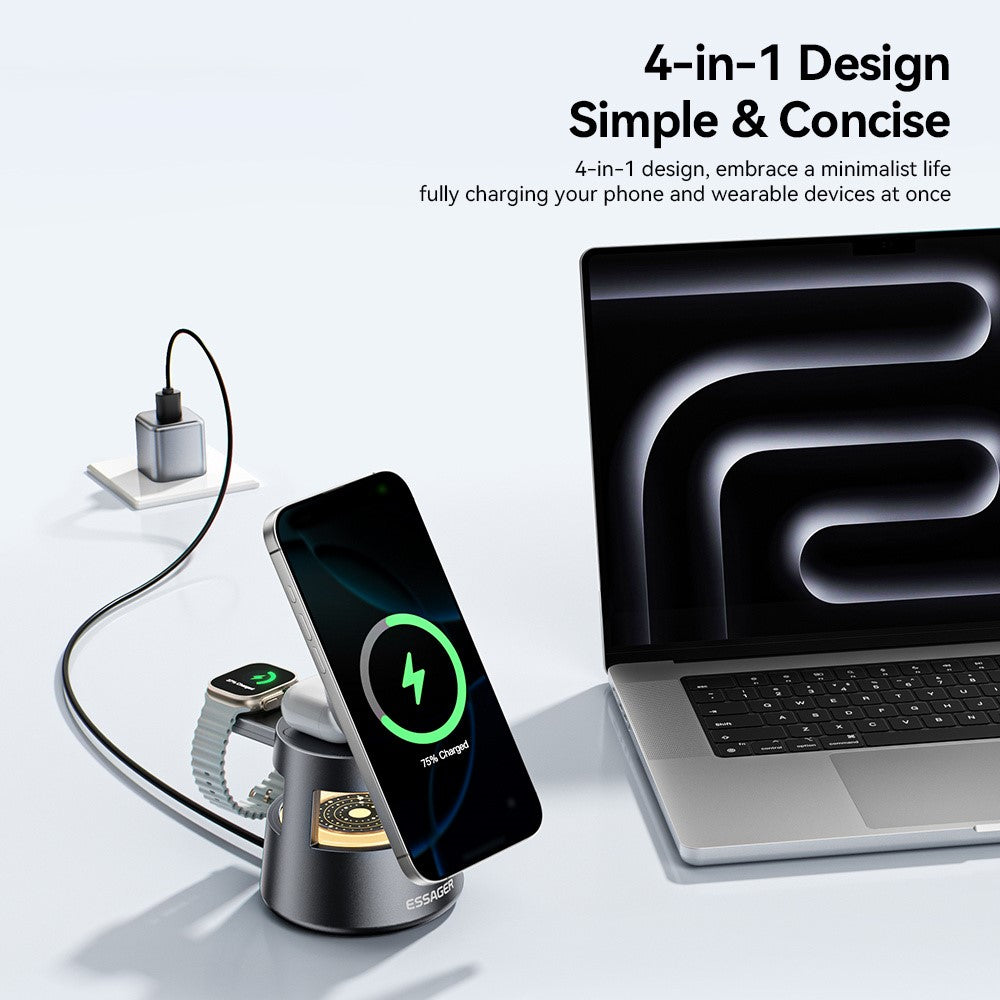 ESSAGER 4-i-1 15W Magnetisk Skrivebords Trådløs Oplader til Telefon Hurtig Opladning Stand med Magnetisk Plade