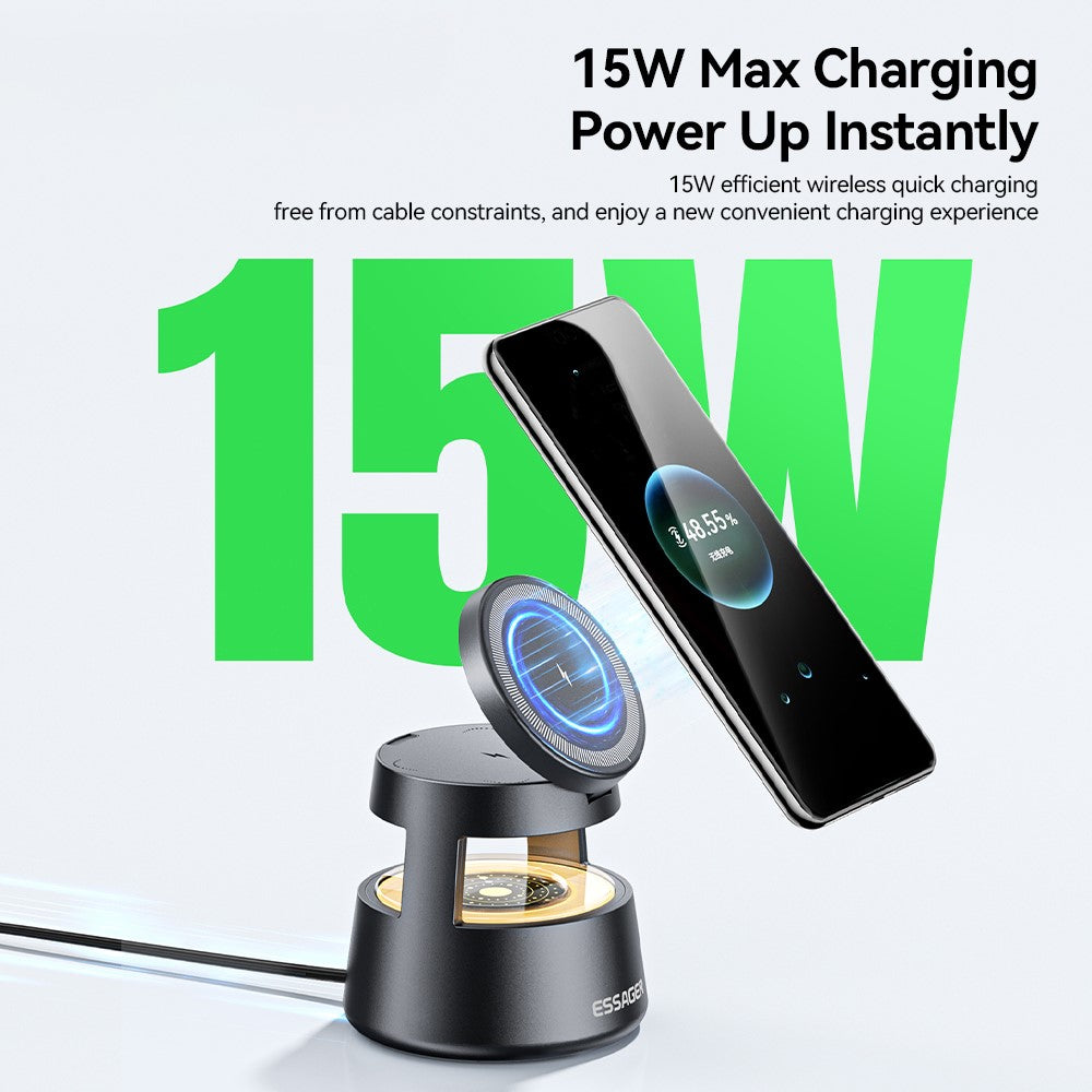ESSAGER 4-i-1 15W Magnetisk Skrivebords Trådløs Oplader til Telefon Hurtig Opladning Stand med Magnetisk Plade