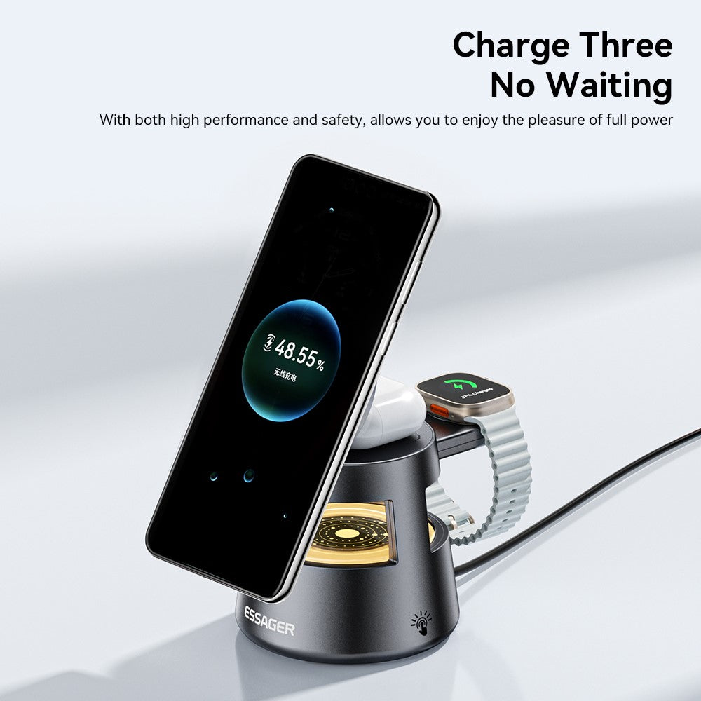 ESSAGER 4-i-1 15W Magnetisk Skrivebords Trådløs Oplader til Telefon Hurtig Opladning Stand med Magnetisk Plade