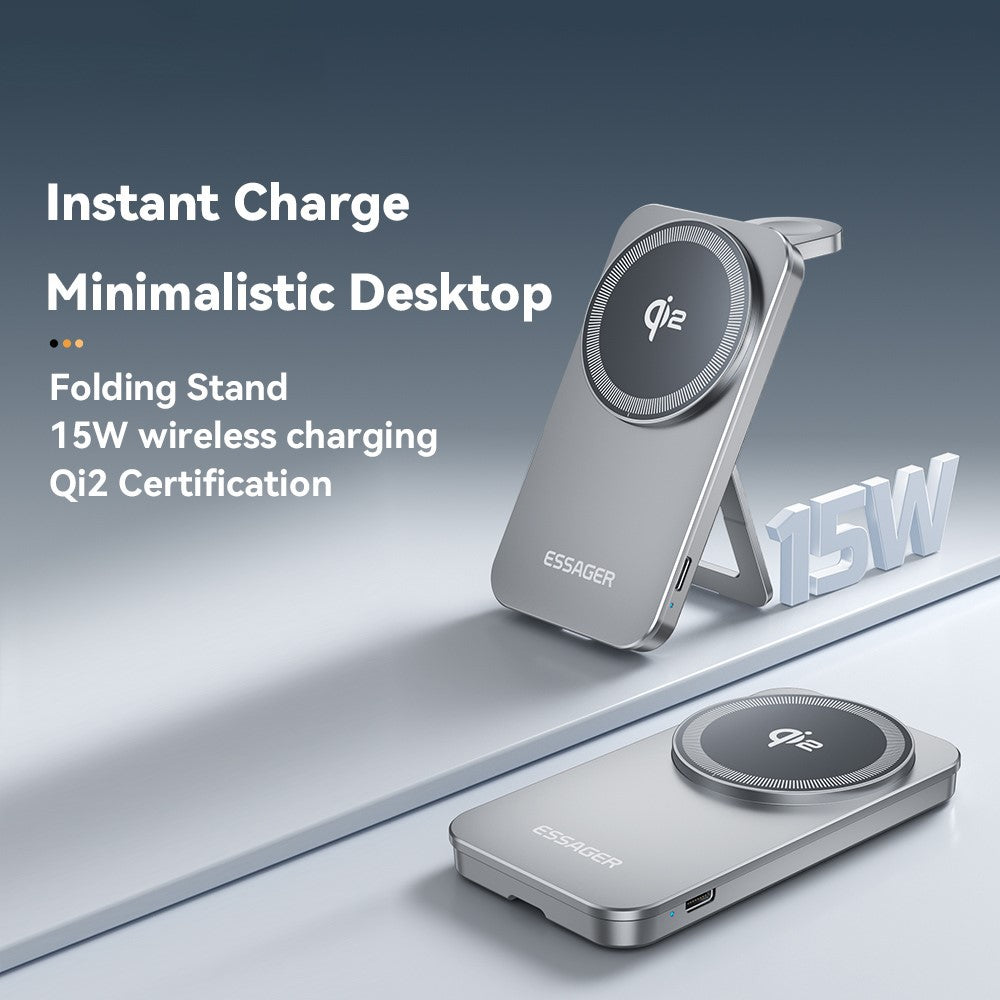 ESSAGER 2 in 1 Qi2 Desktop Magnetic Wireless Charger with Foldable Stand 15W Fast Charging Station