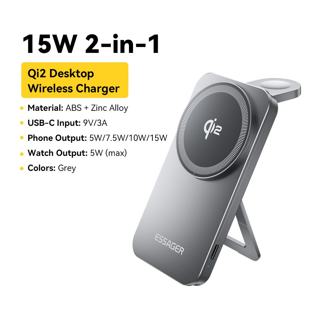 ESSAGER 2 in 1 Qi2 Desktop Magnetic Wireless Charger with Foldable Stand 15W Fast Charging Station