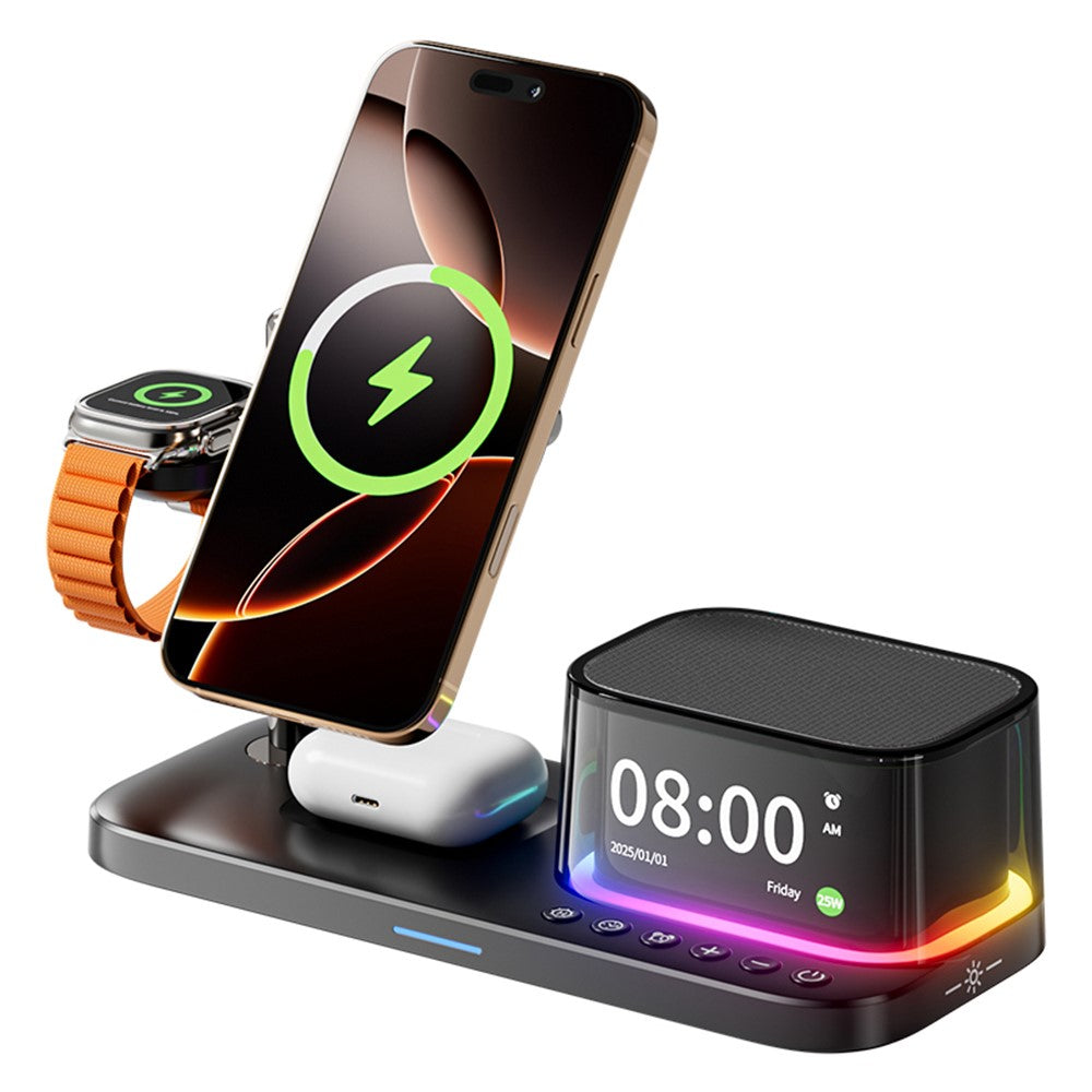 C09PLUS 5-i-1 Qi2.2 25W Magnetisk Trådløs Oplader + Bluetooth-Kompatibel Højttaler + Vækkeur + Natlampe + Tidsvisning