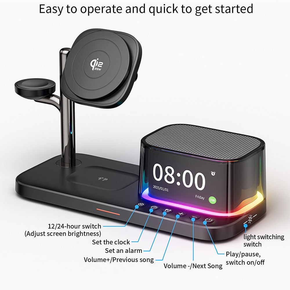 C09PLUS 5-i-1 Qi2.2 25W Magnetisk Trådløs Oplader + Bluetooth-Kompatibel Højttaler + Vækkeur + Natlampe + Tidsvisning