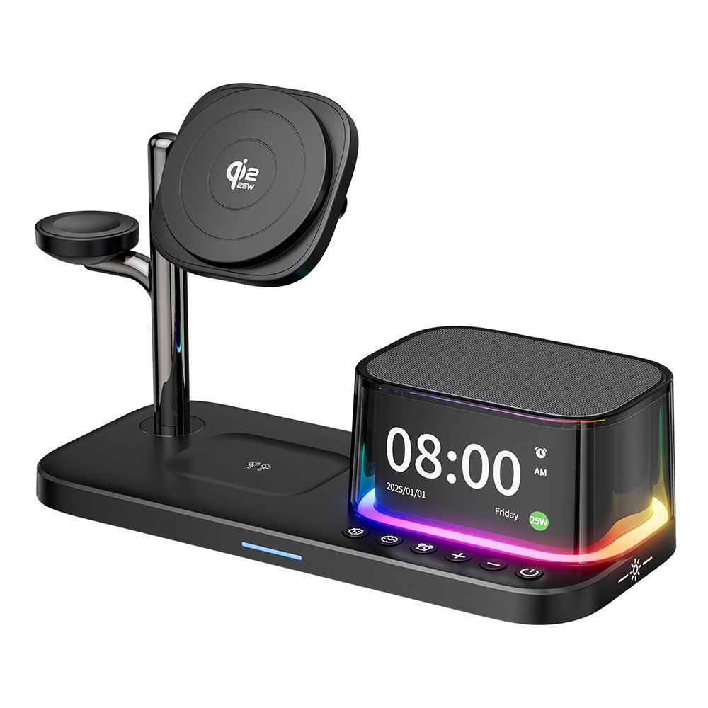C09PLUS 5-i-1 Qi2.2 25W Magnetisk Trådløs Oplader + Bluetooth-Kompatibel Højttaler + Vækkeur + Natlampe + Tidsvisning
