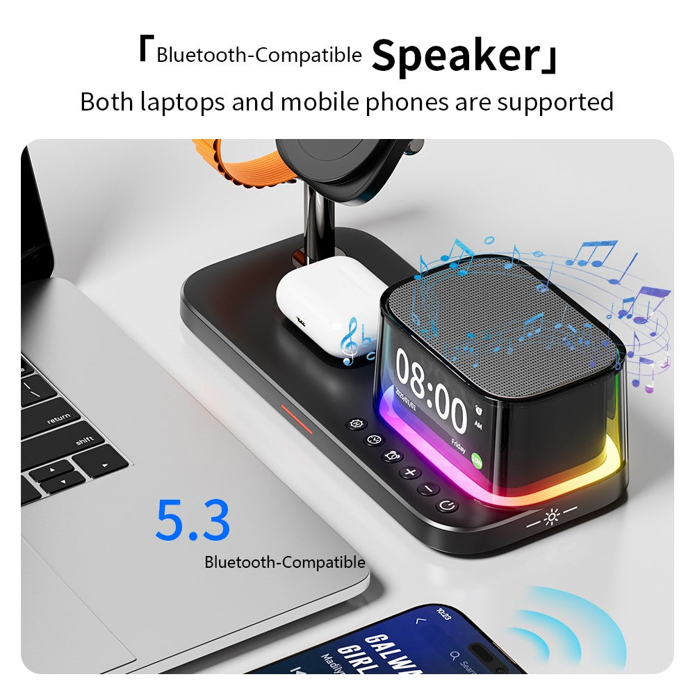 C09PLUS 5-i-1 Qi2.2 25W Magnetisk Trådløs Oplader + Bluetooth-Kompatibel Højttaler + Vækkeur + Natlampe + Tidsvisning