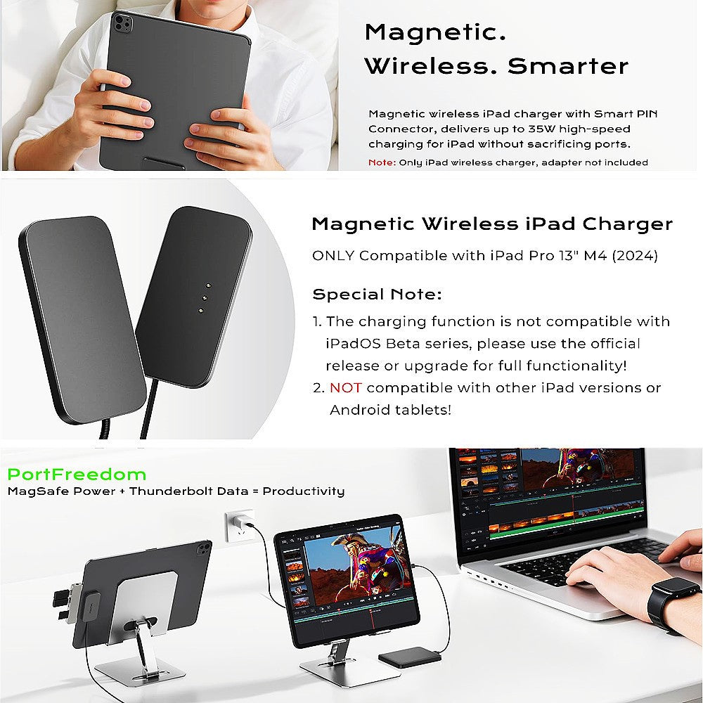 Magnetic Wireless Charger for iPad Air 13 (2025) / (2024) / Pro 12.9 (2022) / (2021) / (2020) / (2018) Fast Charging Pad with USB
