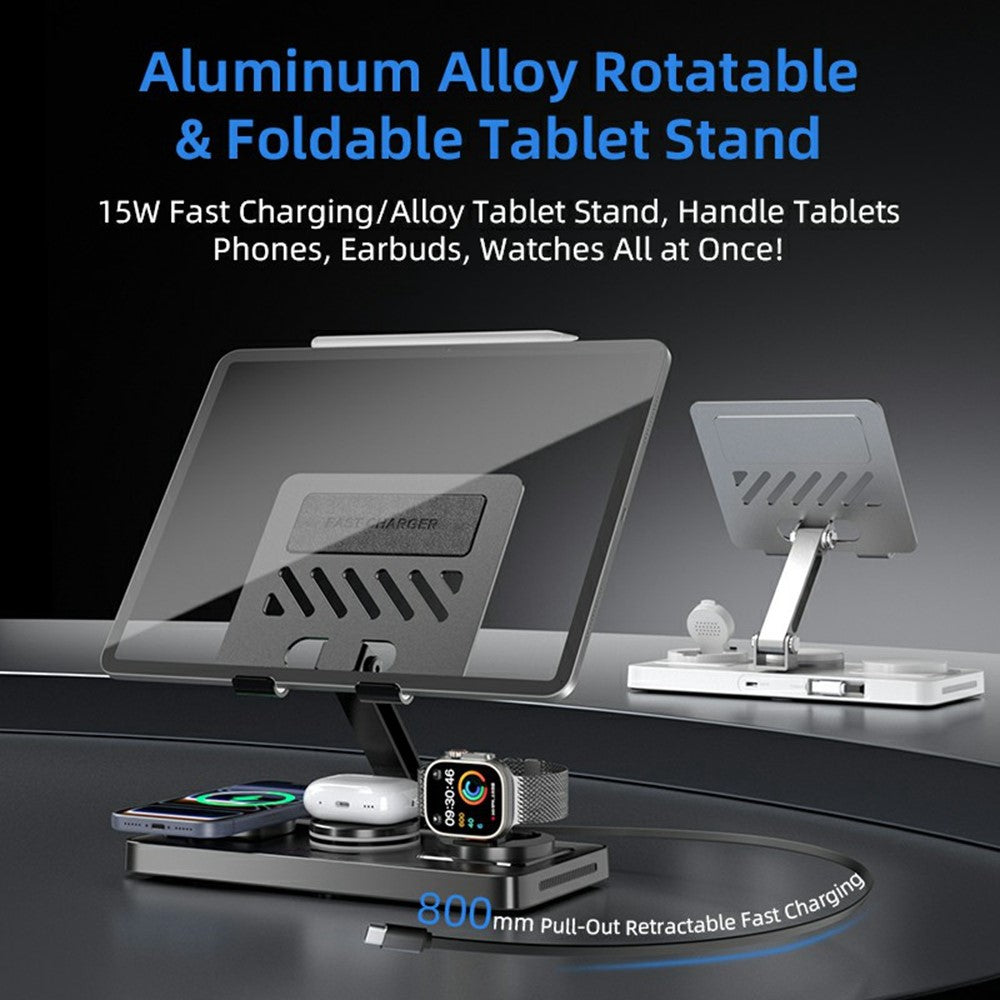 CYJ-268 5 in 1 Wireless Charging Station with Retractable Cable for Smartphone / Earbuds / Smart Watch / Tablet Foldable Stand