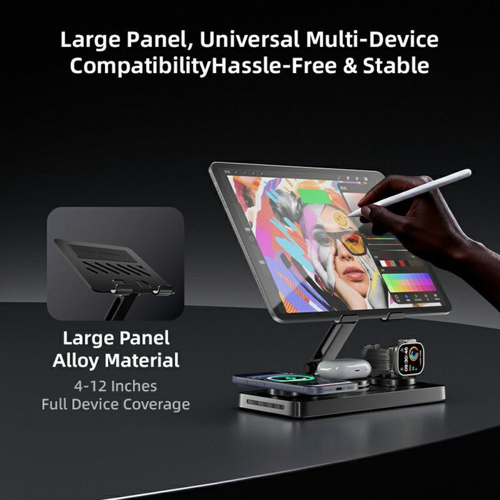 CYJ-268 5 in 1 Wireless Charging Station with Retractable Cable for Smartphone / Earbuds / Smart Watch / Tablet Foldable Stand