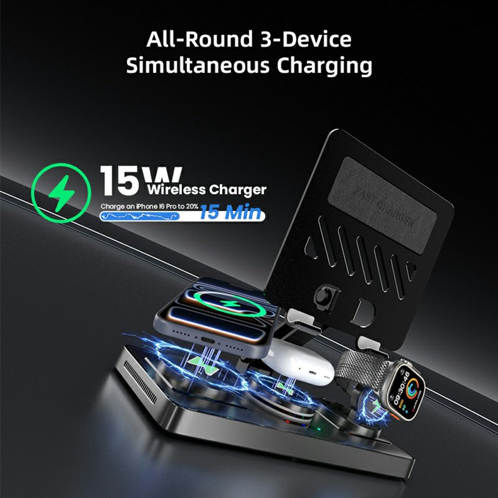 CYJ-268 5 in 1 Wireless Charging Station with Retractable Cable for Smartphone / Earbuds / Smart Watch / Tablet Foldable Stand