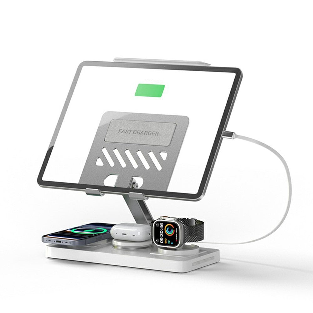 CYJ-268 5 in 1 Wireless Charging Station with Retractable Cable for Smartphone / Earbuds / Smart Watch / Tablet Foldable Stand