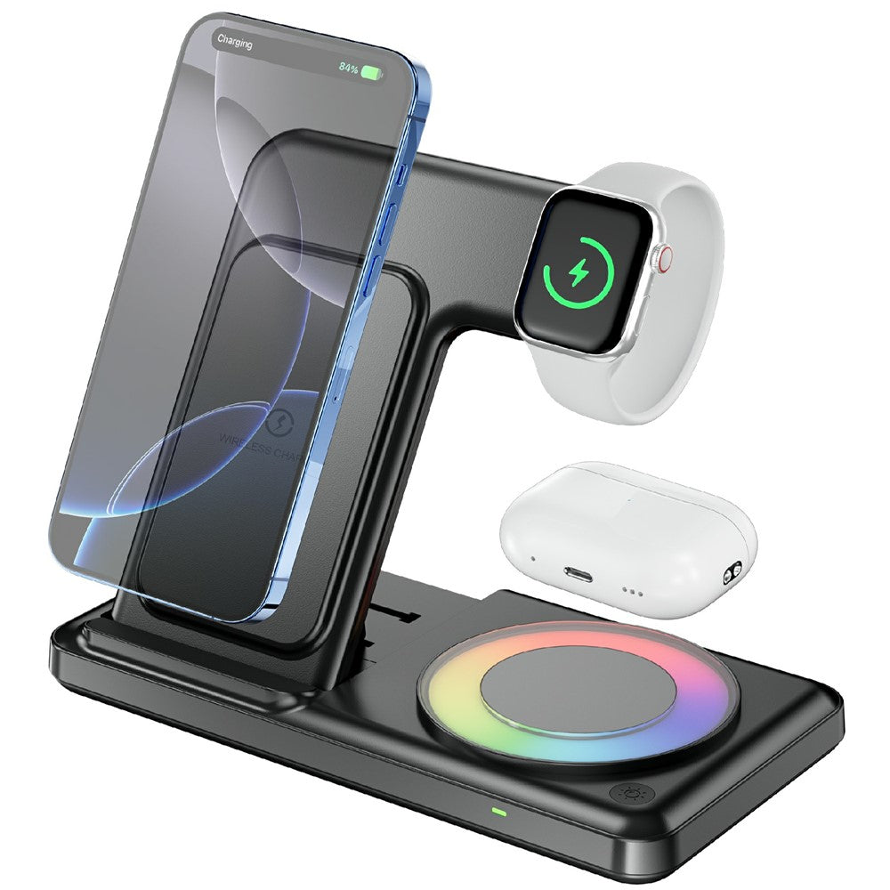 Q50D 4-in-1 Foldable Wireless Charger Dock 15W Fast Charging Station with RGB Ambient Light for Mobile Phone Apple Watch AirPods