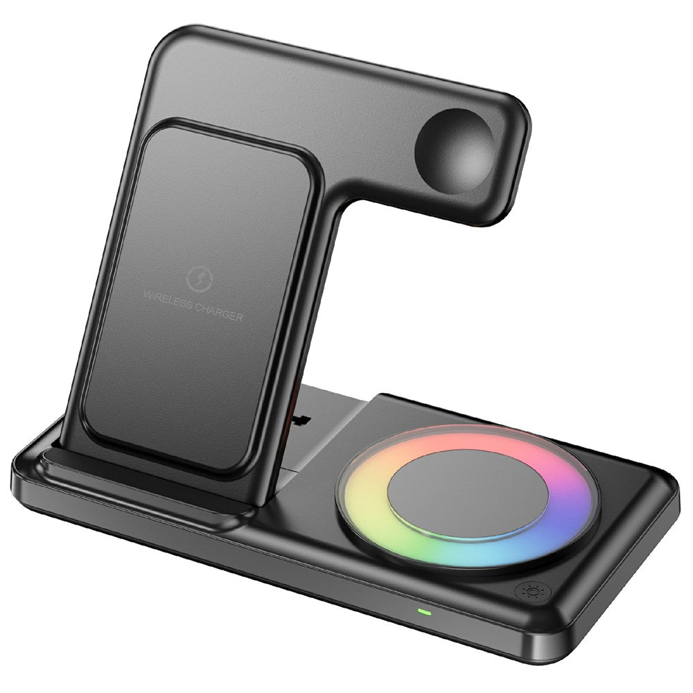 Q50D 4-in-1 Foldable Wireless Charger Dock 15W Fast Charging Station with RGB Ambient Light for Mobile Phone Apple Watch AirPods