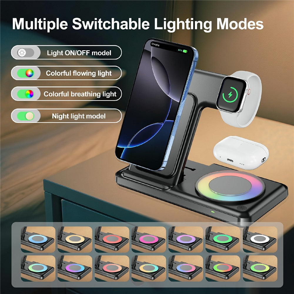 Q50D 4-in-1 Foldable Wireless Charger Dock 15W Fast Charging Station with RGB Ambient Light for Mobile Phone Apple Watch AirPods