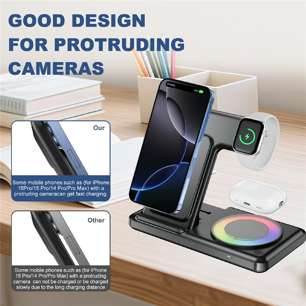 Q50D 4-in-1 Foldable Wireless Charger Dock 15W Fast Charging Station with RGB Ambient Light for Mobile Phone Apple Watch AirPods