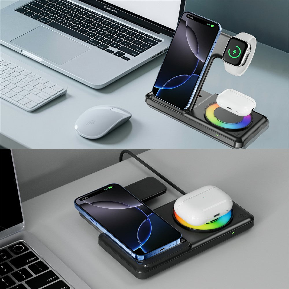 Q50D 4-in-1 Foldable Wireless Charger Dock 15W Fast Charging Station with RGB Ambient Light for Mobile Phone Apple Watch AirPods