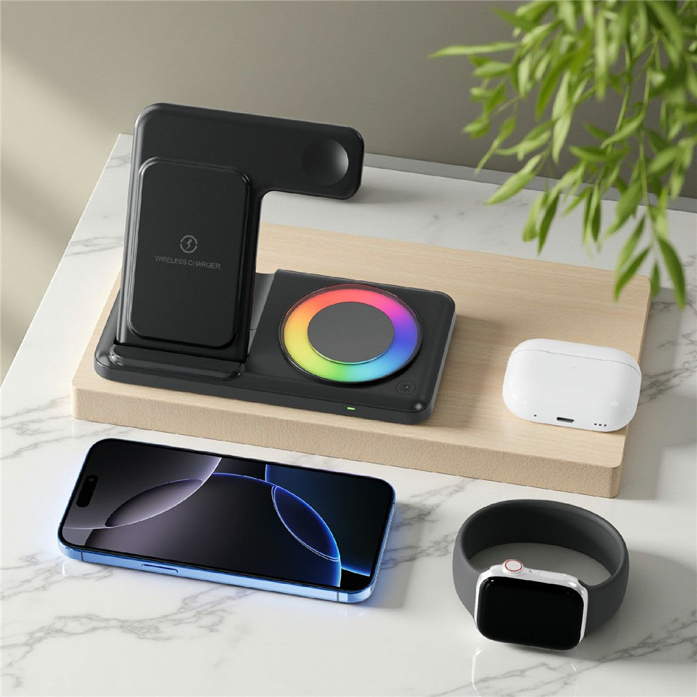 Q50D 4-in-1 Foldable Wireless Charger Dock 15W Fast Charging Station with RGB Ambient Light for Mobile Phone Apple Watch AirPods