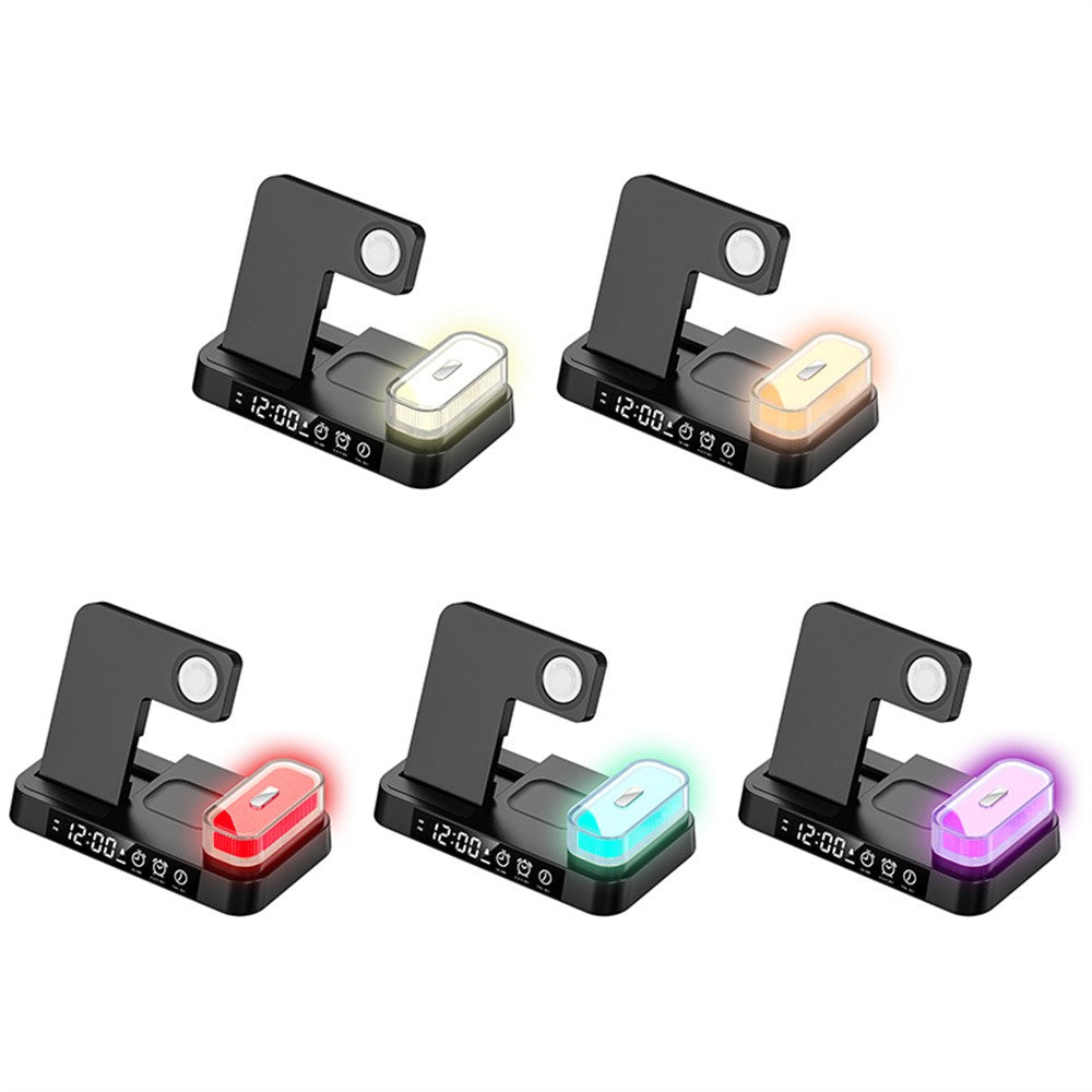 JJT-S37 15W Foldable Wireless Charger Dock Multifunctional Fast Charging Station with RGB Ambient Light and Clock for Samsung Watch