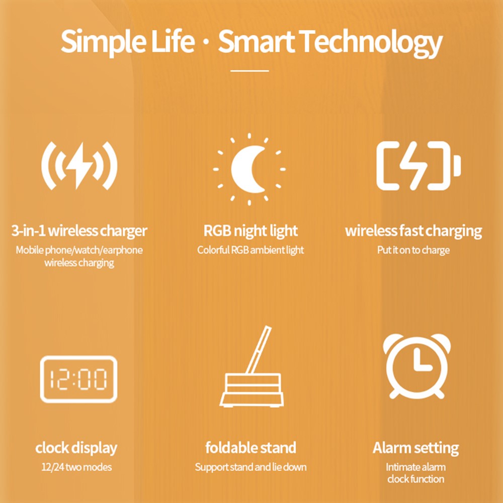 JJT-S37 15W Foldable Wireless Charger Dock Multifunctional Fast Charging Station with RGB Ambient Light and Clock for Samsung Watch