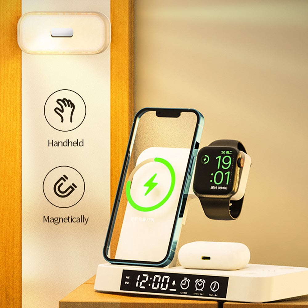 JJT-S37 15W Foldable Wireless Charger Dock Multifunctional Fast Charging Station with RGB Ambient Light and Clock for Samsung Watch