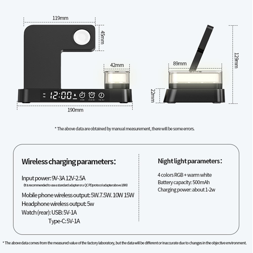 JJT-S37 15W Foldable Wireless Charger Dock Multifunctional Fast Charging Station with RGB Ambient Light and Clock for Samsung Watch