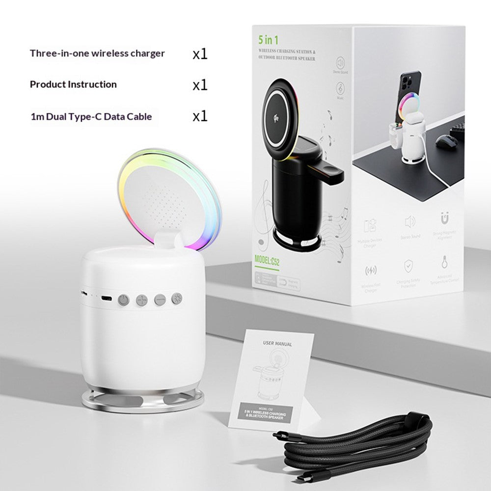 JJT-C52 Qi2 15W 5 in 1 Magnetic Wireless Charger Stand Bluetooth-Compatible Speaker with RGB Light for iPhone Apple Watch AirPods