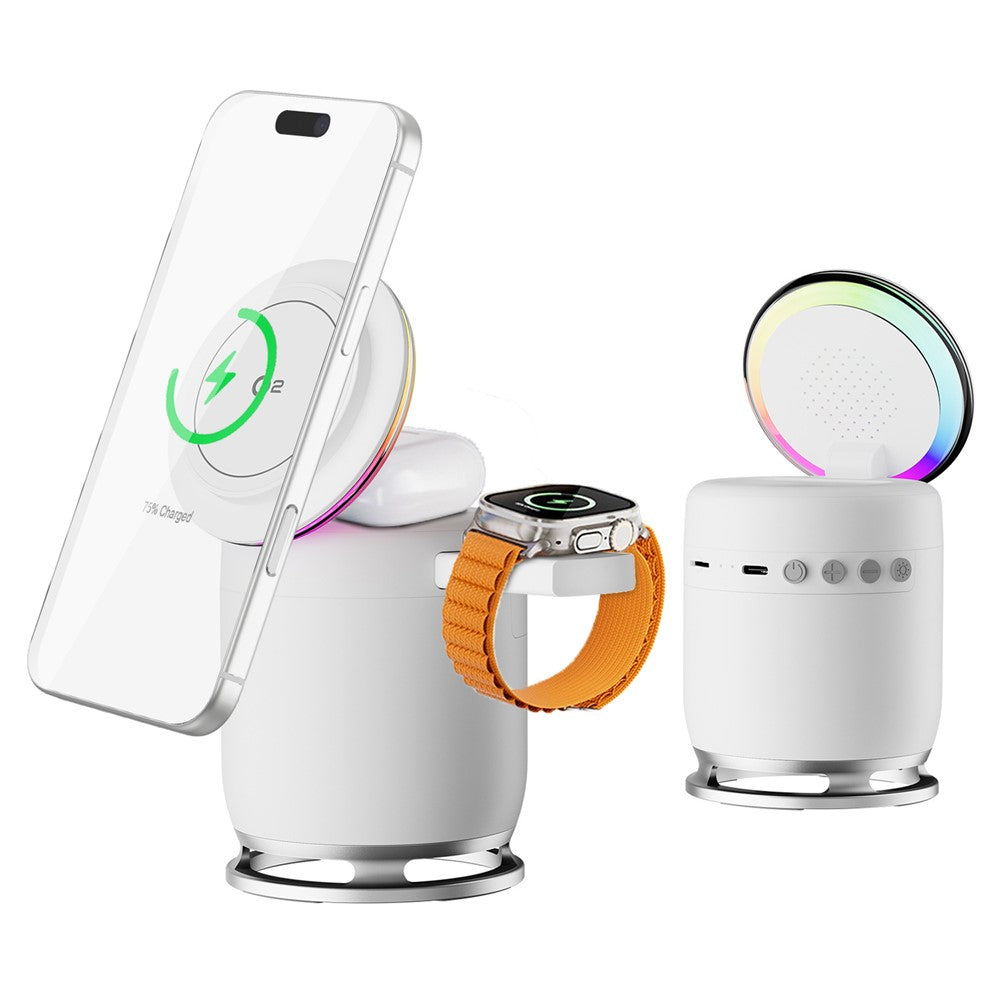 JJT-C52 Qi2 15W 5 in 1 Magnetic Wireless Charger Stand Bluetooth-Compatible Speaker with RGB Light for iPhone Apple Watch AirPods