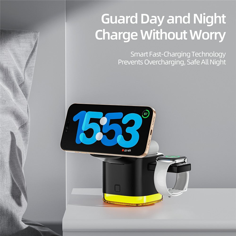 C53 QI2 5 in 1 Foldable Magnetic Wireless Charger 15W Fast Charging Charger Built-in Retractable Cable with Adjustable LED Night Light