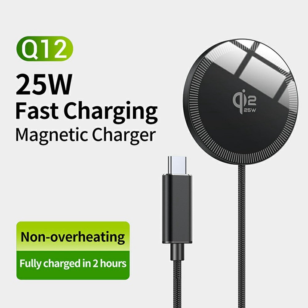 Q12 Bærbar 25W Hurtig Opladningsplade Kompatibel med MagSafe Type-C Qi2 Magnetisk Trådløs Oplader