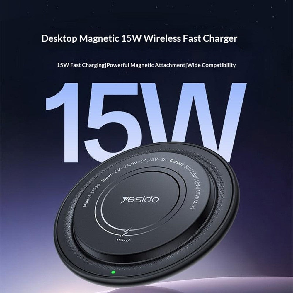 YESIDO DS39 15W Magnetic Wireless Charger Round Desktop Fast Charging Pad for Smartphone Earbuds
