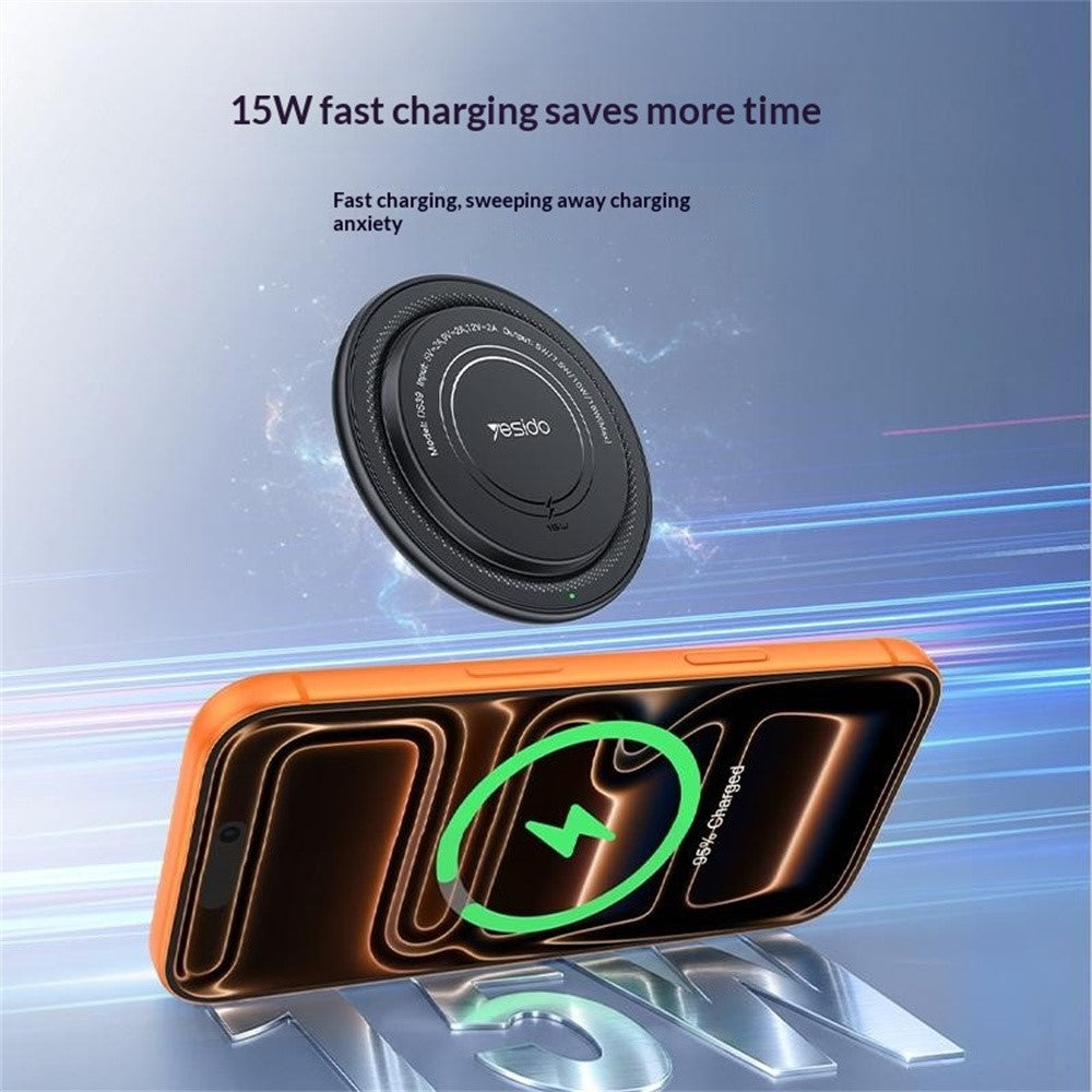 YESIDO DS39 15W Magnetic Wireless Charger Round Desktop Fast Charging Pad for Smartphone Earbuds