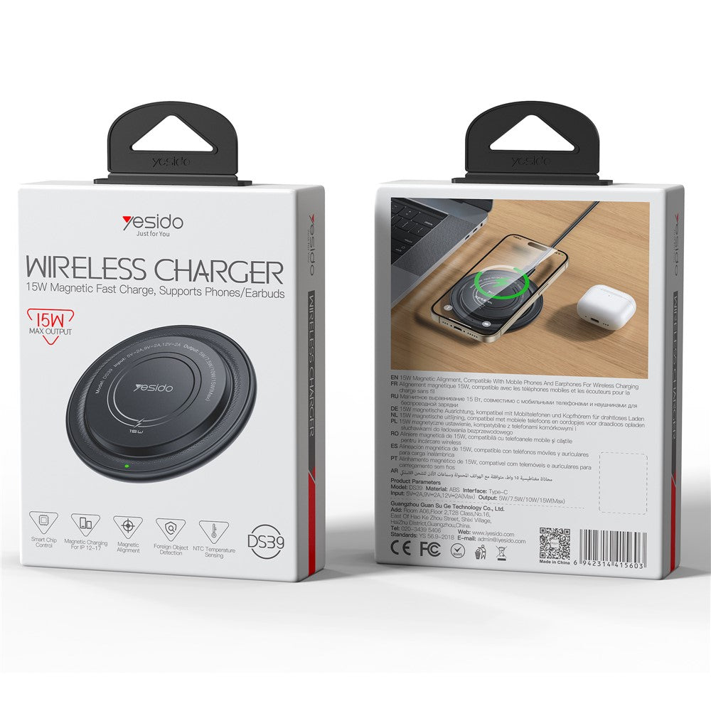 YESIDO DS39 15W Magnetic Wireless Charger Round Desktop Fast Charging Pad for Smartphone Earbuds