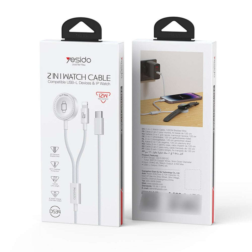 YESIDO DS34 2-i-1 Type-C til iP / trådløs opladningsdock til Apple Watch 2,5W hurtigopladningskabel