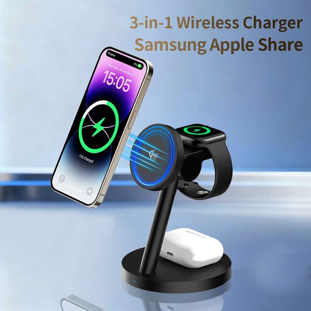 3-in-1 Qi2.2 Wireless Charger 25W Magnetic Stand for iPhone Samsung Phone Watch Earbuds