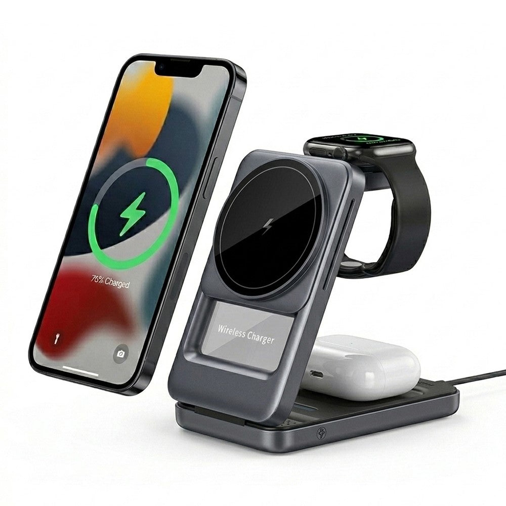 S29 3 in 1 Magnetic Wireless Charger with Ambient Light 15W Fast Charging Stand for Phone Watch Earbuds Foldable Charging Dock