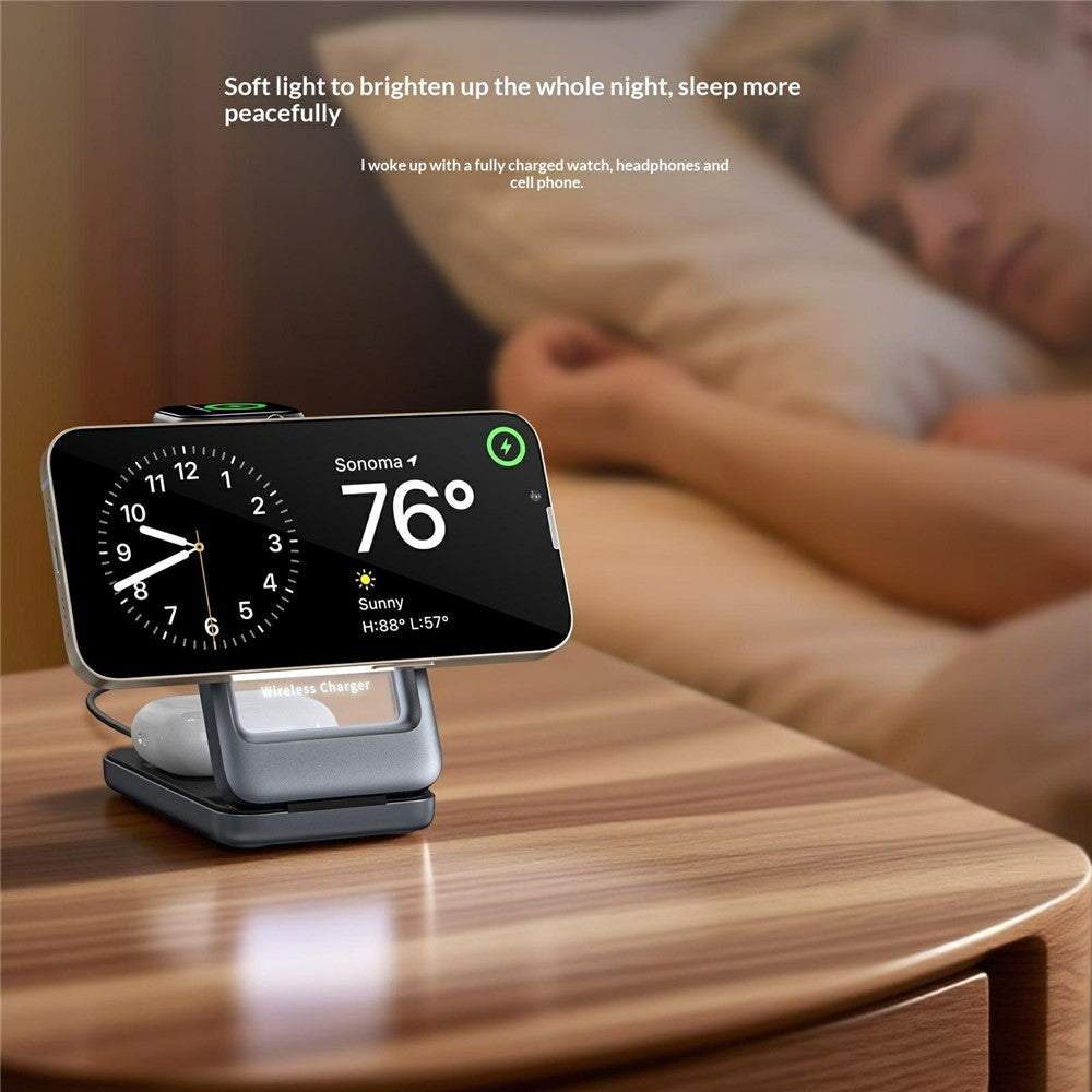 S29 3 in 1 Magnetic Wireless Charger with Ambient Light 15W Fast Charging Stand for Phone Watch Earbuds Foldable Charging Dock